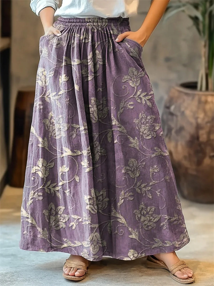 Women's Ethnic Flower Art Print Cotton Skirt artswardrobe