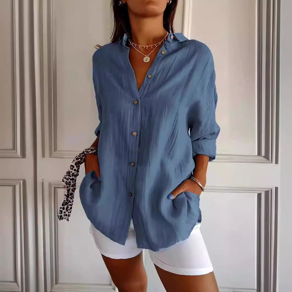 Comstylish Casual Single Breasted Pleated Lapel Solid Color Cotton Linen Shirt