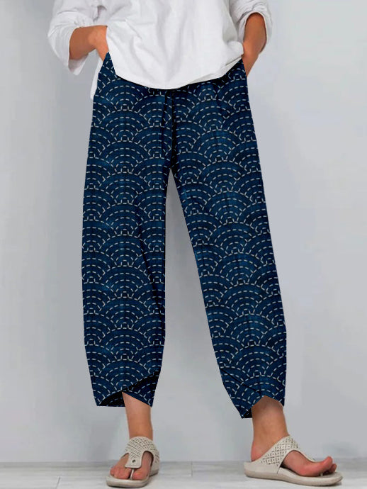 Comstylish Ocean Waves Japanese Sashiko Art Cropped Casual Pants
