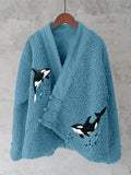 Comstylish Ocean Whales Embroidery Art Fleece Kimono Cardigan