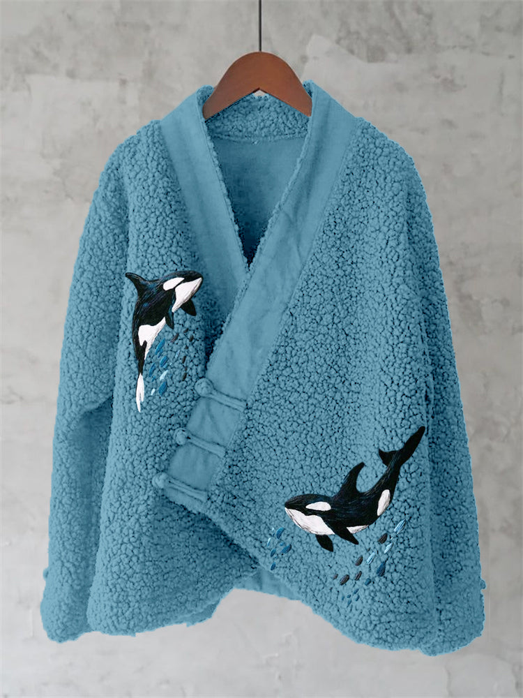 Comstylish Ocean Whales Embroidery Art Fleece Kimono Cardigan