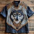 Men's Viking Wolf Celtic Embroidery Art Linen Shirt artswardrobe