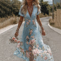 Comstylish Women's Vintage Floral Embroidery V Neck Casual Midi Dress