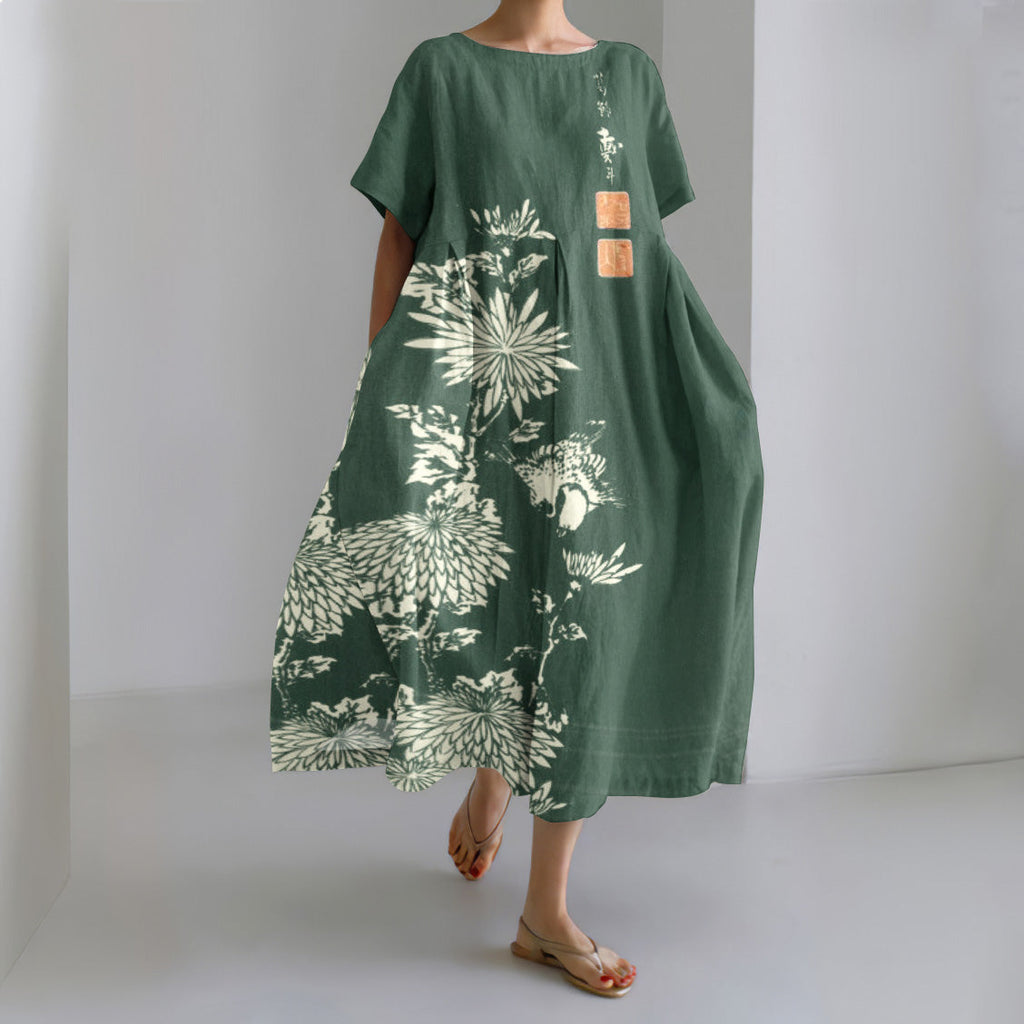 Comstylish Vintage Chrysanthemum Print Round Neck Loose Midi Dress