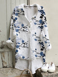 Comstylish Blue Floral Print Casual Cozy Cotton Linen Shirt