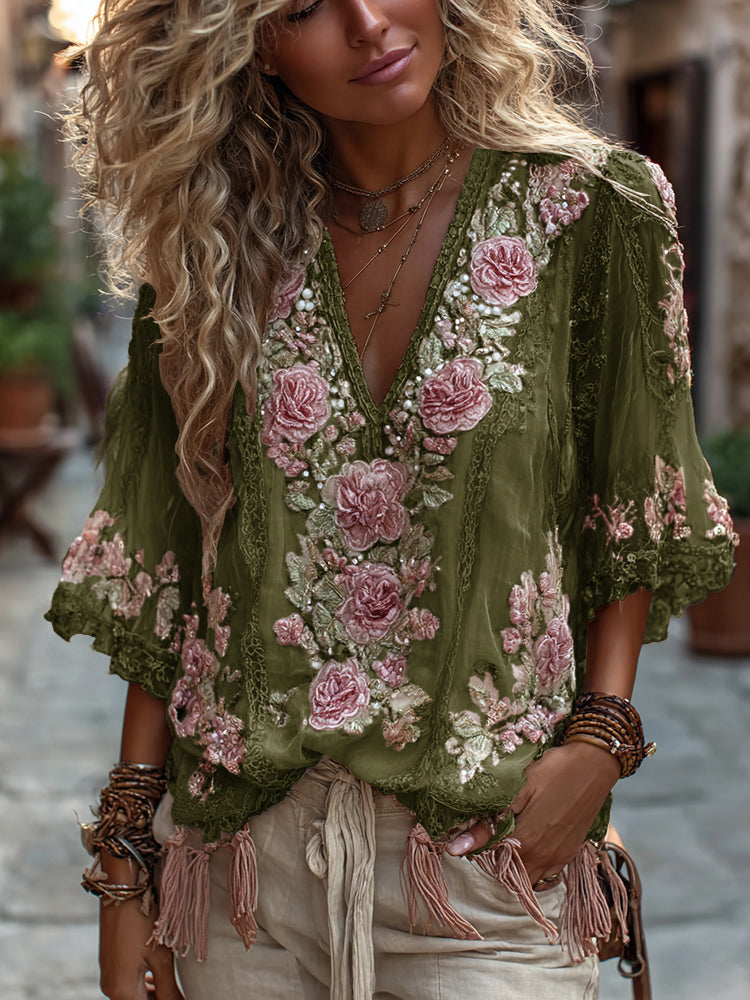 Women's Vintage Rose Embroidery Art Comfy Linen Shirts artswardrobe