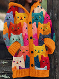 Vintage Colorful Cats Pattern Cozy Hooded Cardigan artswardrobe