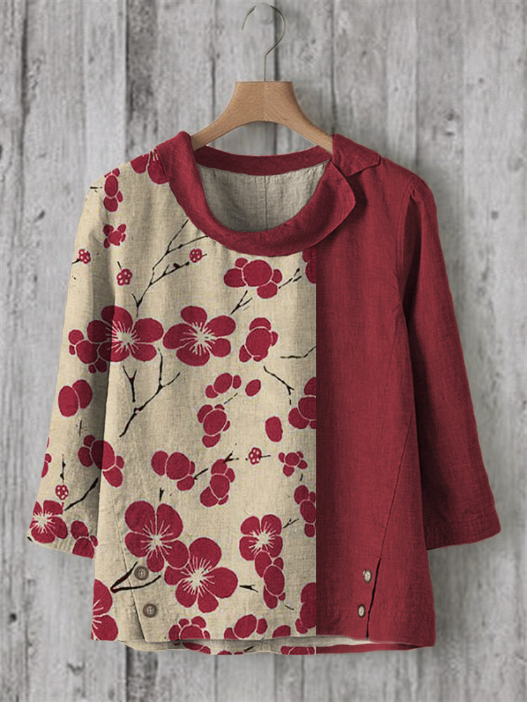 Comstylish Cherry Blossom Japanese Lino Art Contrast Linen Blend Tunic