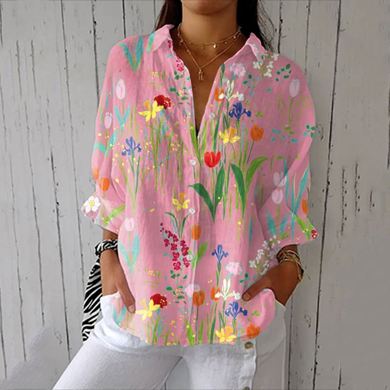 Comstylish Women's Floral Print Long Sleeve Casual Linen Blend Shirt
