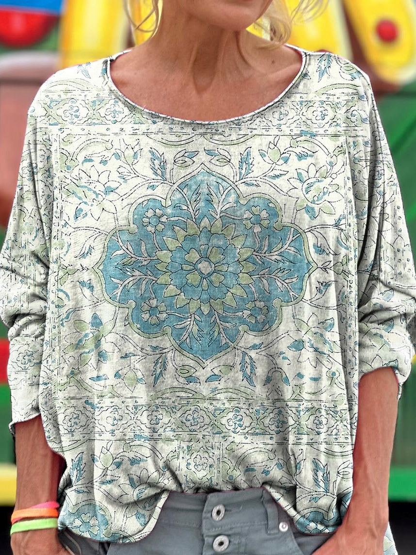 Vintage Ethnic Floral Embellished Pattern Art Print Casual Long Sleeve