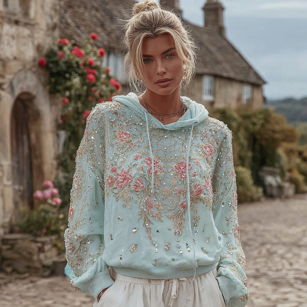 Comstylish Women's Bohemian Floral Sequin Embroidered Hoodie