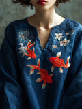 Comstylish Goldfish & Firework Embroidery Japanese Style Women's Linen V-neck Shirt