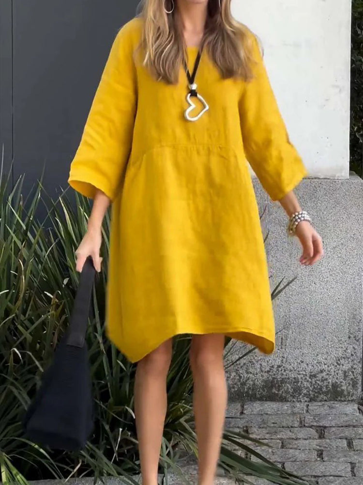 Comstylish Cute Solid Color Pockets Linen Blend Midi Dress