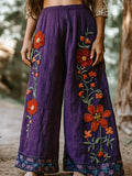 Bohemian Holiday Style Linen Bohemian Floral Print Linen Long Loose Wide-leg Pants artswardrobe