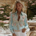 Women's Vintage Embroidery Rose Art Button Shirt