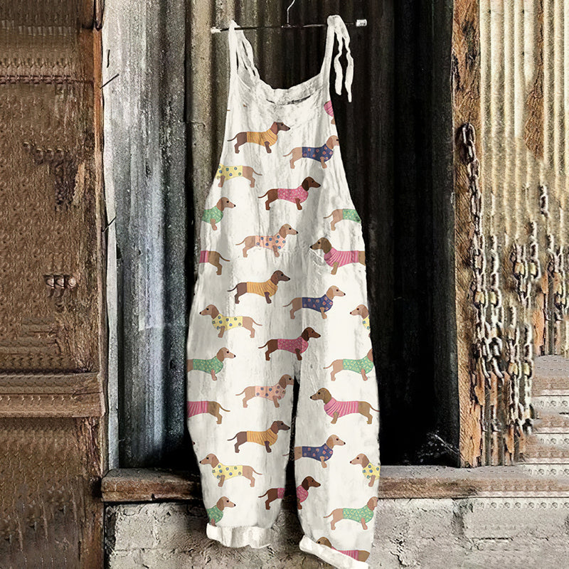 Women's Vintage Dachshund Casual Linen Jumpsuit artswardrobe