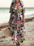 Women's Watercolor Floral Art Print Pocket V-neck Cotton Dress