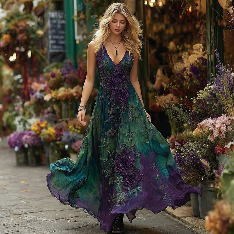 Vintage Purple Floral Embroidered Gradient Art Linen Sleeveless Maxi Dress artswardrobe