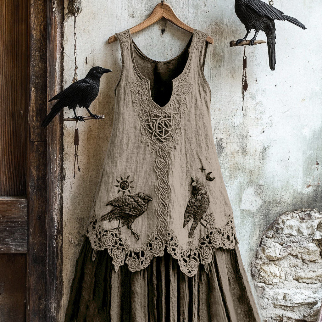 Women's Tribal Raven Embroidery Celtic Lace Art Tank Dress artswardrobe