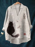 Japanese Art Cat Print Linen Shirt