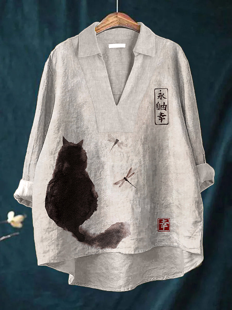 Japanese Art Cat Print Linen Shirt