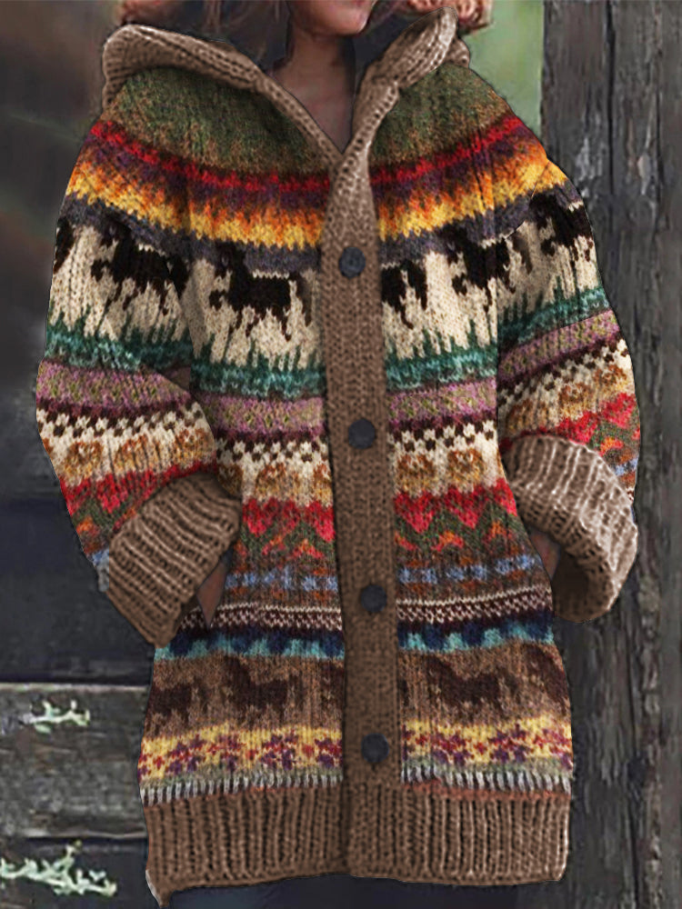Running Horses Colorful Isle Cozy Knit Hooded Cardigan artswardrobe