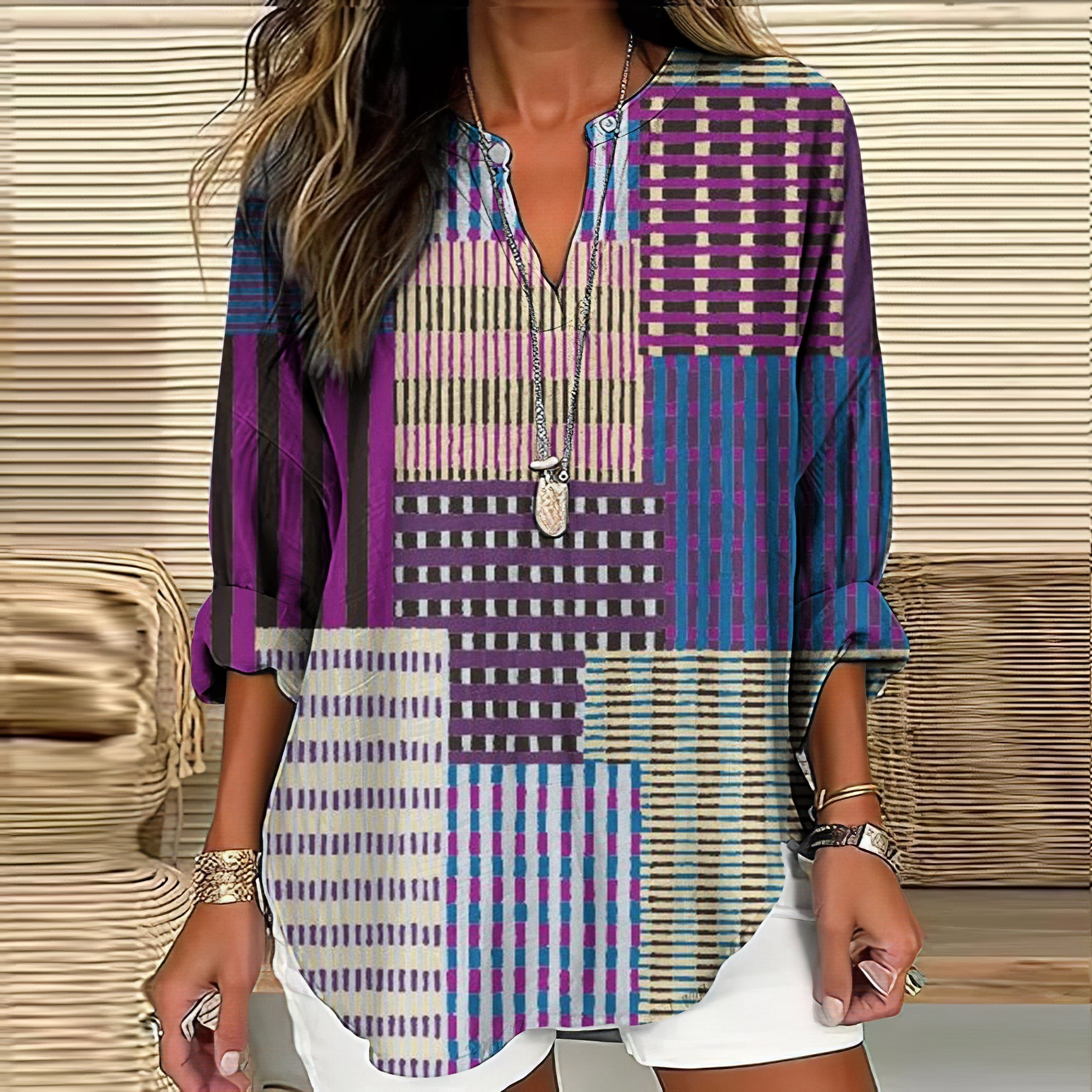Comstylish Vintage Geometric Abstract Art Women's Linen V-neck Long Sleeve Shirt