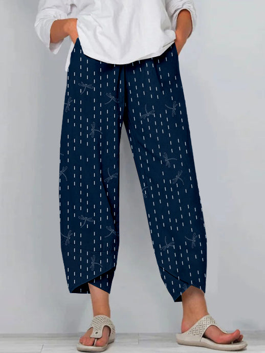 Comstylish Sashiko Dragonfly Japanese Art Cropped Casual Pants