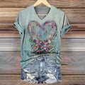 Women's Heart Floral Art Print V-Neck Casual T-Shirt