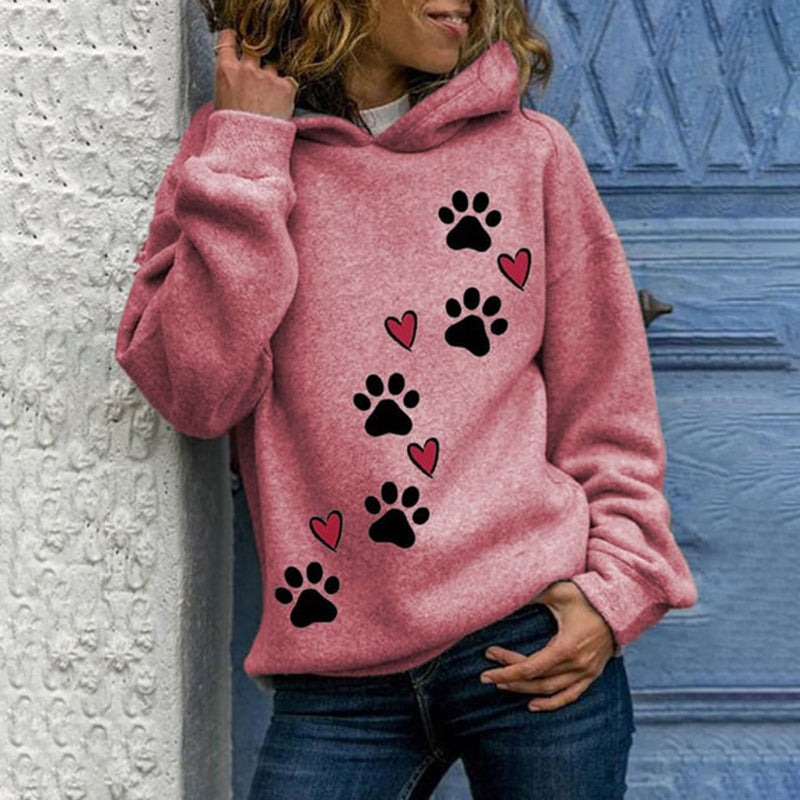 Comstylish Love Dog Paw Print Casual Long Sleeve Hooded Sweatshirt