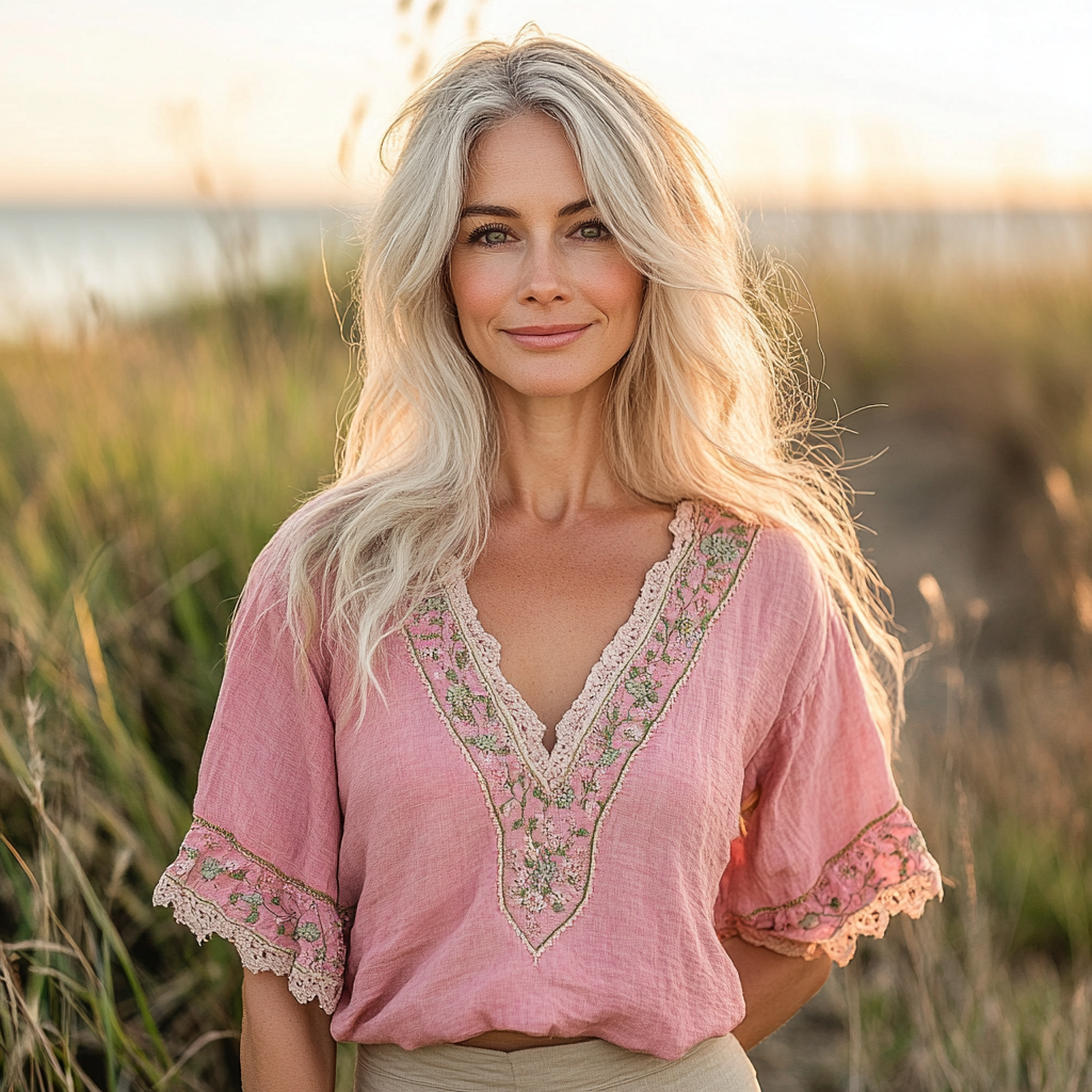 Women's Bohemian Retro Flowers Linen Blend  T-shirt artswardrobe