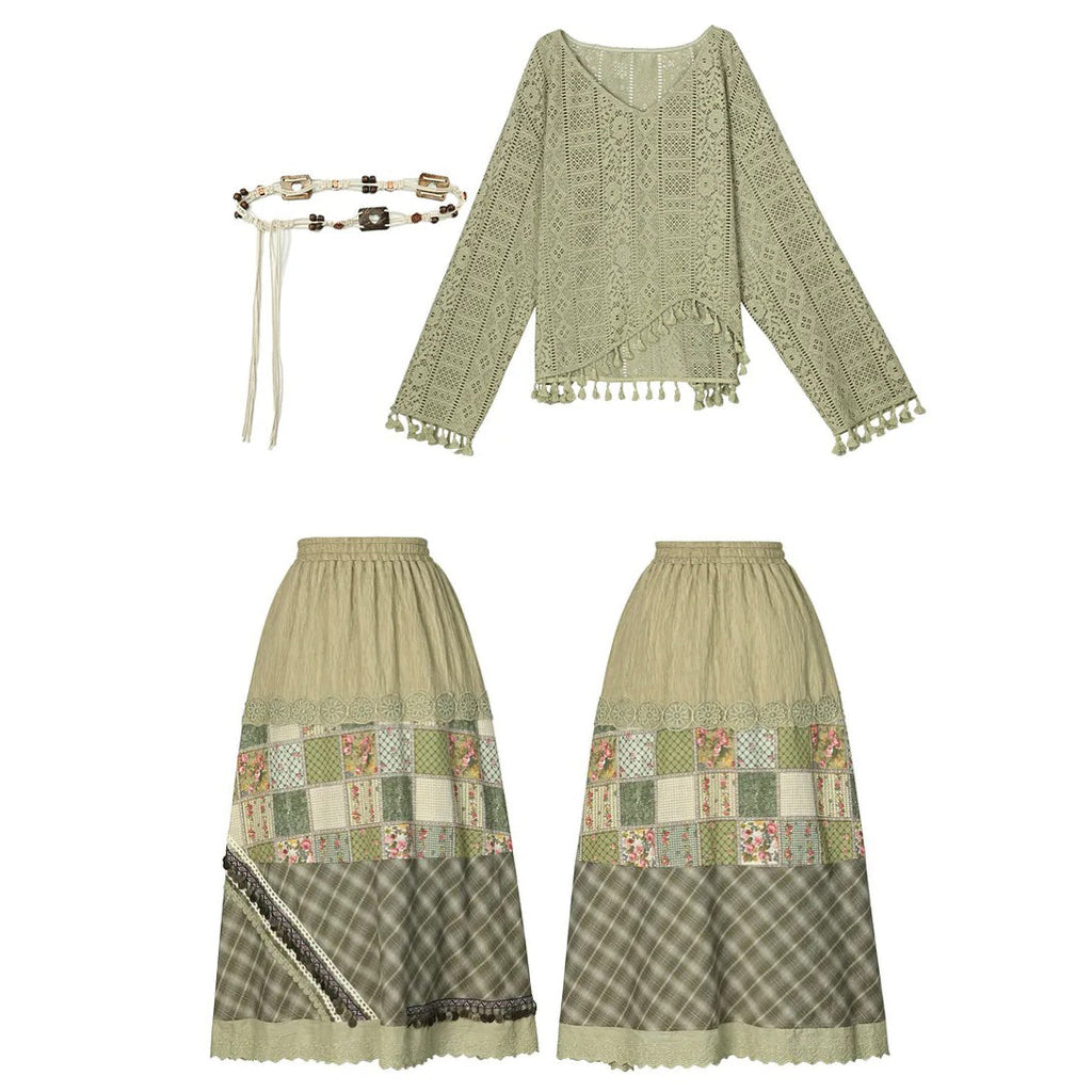Women's Vintage Floral Lace Tassel Shirt And Patchwork Art Shirt Bohemian Belt Three Piece Set artswardrobe