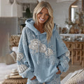 Women's Vintage Blue Rose Embroidery Long Sleeve Cozy Hooded
