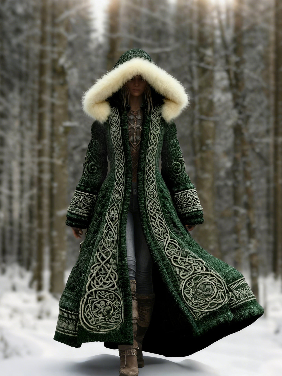 Comstylish Women's Viking Celtic Knot Knitted Jacquard Cozy Fur Trim Hooded Cardigan