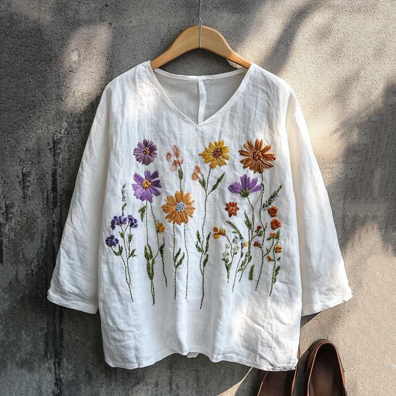 Comstylish Boho Floral Embroidery Print Cotton And Linen Blend Loose Blouse