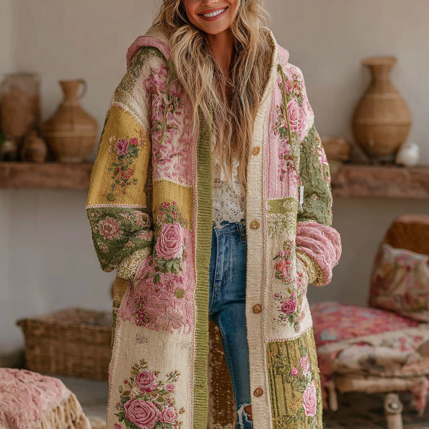 Comstylish Women's Vintage Patchwork Floral Art Cozy Knit Hooded Cardigan