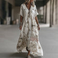 Women's Vintage Floral Embroidery Art Linen Blend V Neck Maxi Dress