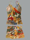 V-Neck Vintage Color Ripple Print Suspender Skirt Tankini Pantskirt Set Swimsuit