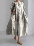 Japanese Art Flower Print Loose Midi Dress