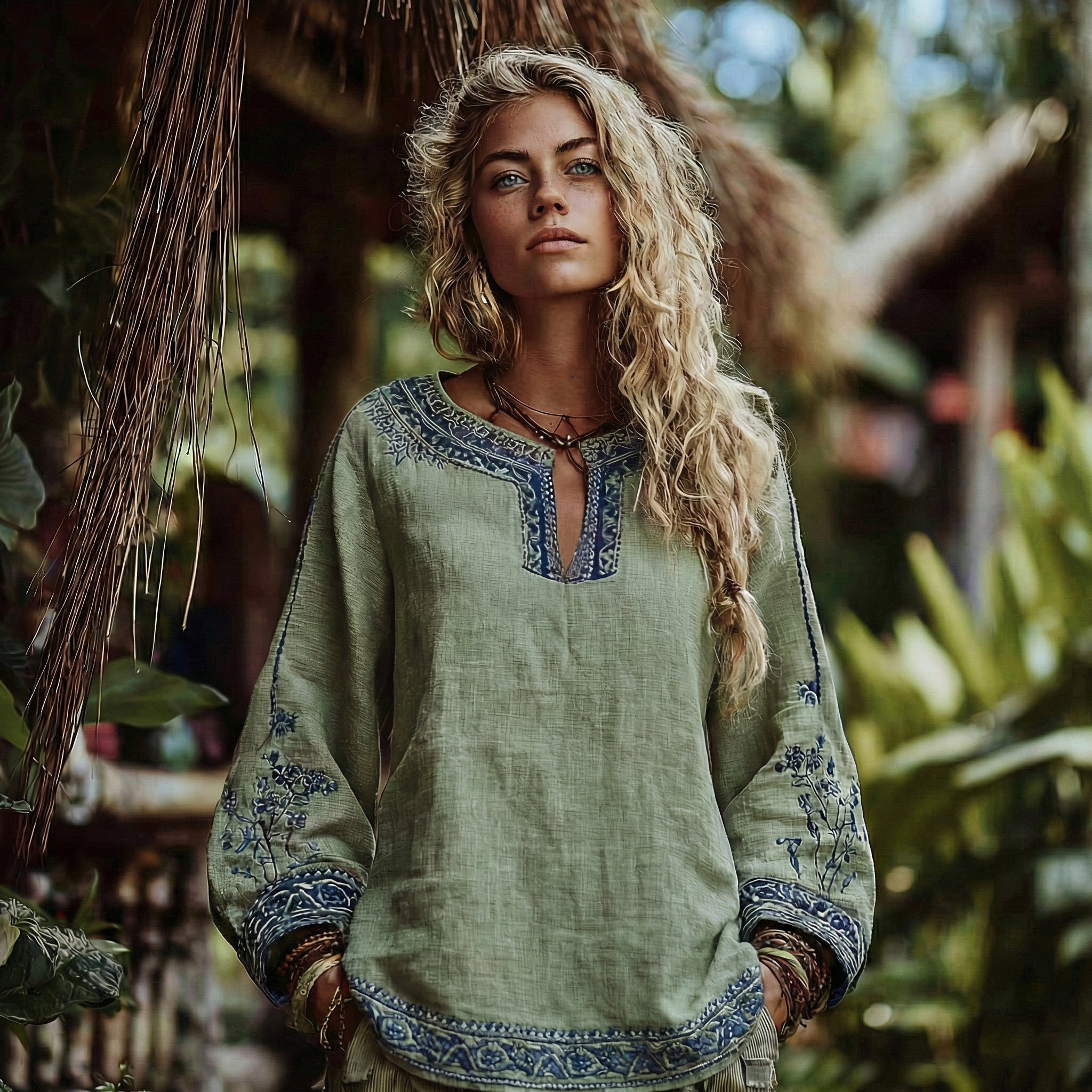 Women's Vacation Boho Floral Print Linen Blend Tops elevenforest