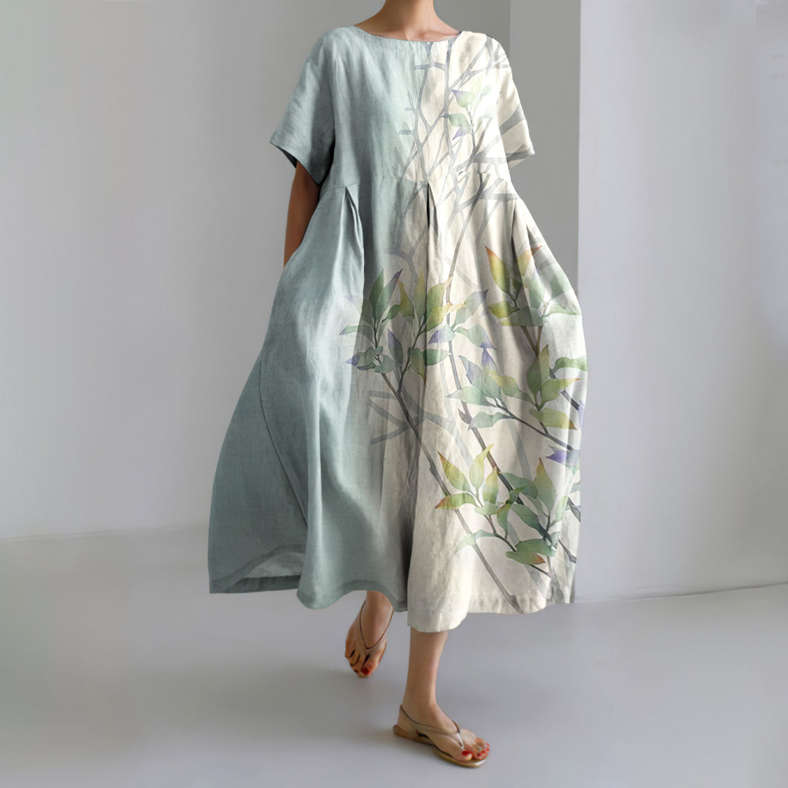 Comstylish Japanese Style Floral Print Short Sleeve Loose Midi Dress