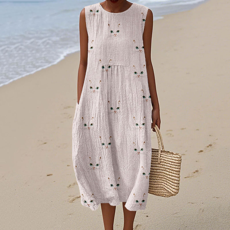 Comstylish Cute Cat Face Pattern Comfy Linen Tank Dress