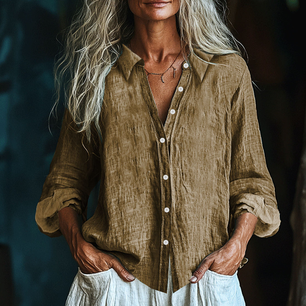 Comstylish Vintage Elegant Art Linen Ruffle Shirt