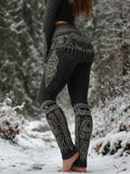 Comstylish Women's Viking Style Feather Embroidery Celtic Knot Retro Leggings