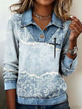 Comstylish Women's Casual Faith Print Lapel Long Sleeve Top