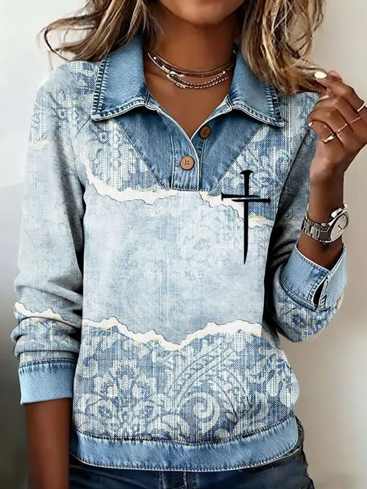 Comstylish Women's Casual Faith Print Lapel Long Sleeve Top
