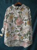 Women's Flower Print Casual Cotton And Linen Shirt