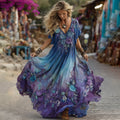 Vintage Purple And Blue Lavender Patchwork And Floral Embroidered Art Linen Maxi Dress artswardrobe