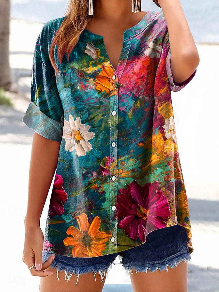 Women's Floral Art Print Casual Cotton And Linen Shirt
