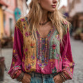Comstylish Women's Floral Embroidery Boho Colorblock Art Linen Blend V-neck Shirt